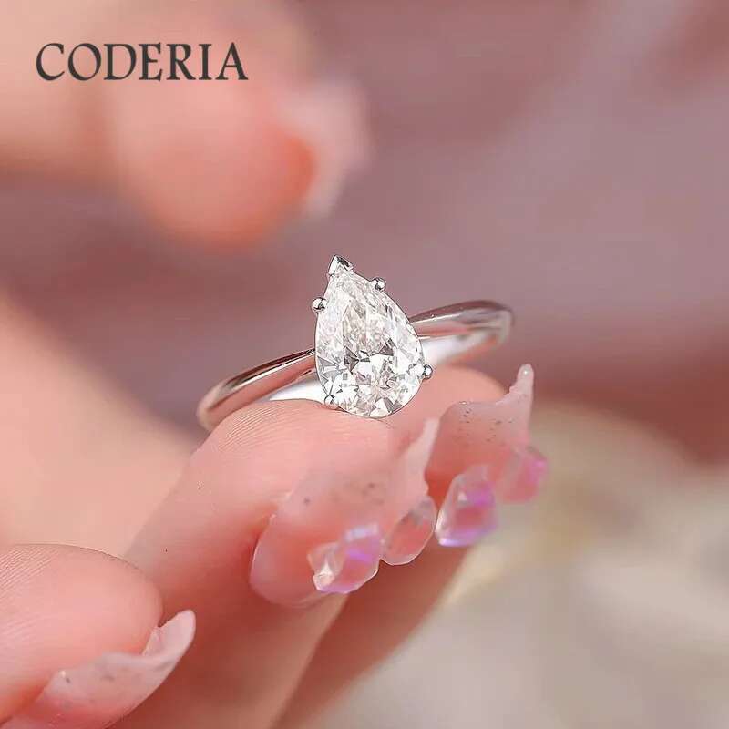 2.0CT Pear Cut Crown Water Drop Moissanite Ring Silver S925 Plated 18K White Gold Wedding Rings Womens Luxury Diamond Jewelry