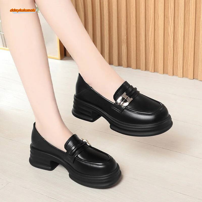 Casual Small Leather Spring Autumn New Women's Single Shoes Heel Thick Round Toe Loafers Soft Sole Comfortable ddmykukumalu