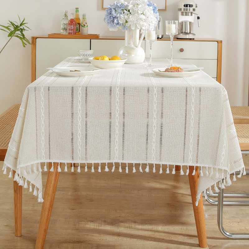 W03 Nordic tablecloth hollow tassel tablecloth solid color long striped jacquard tablecloth coffee table mat cotton and linen
