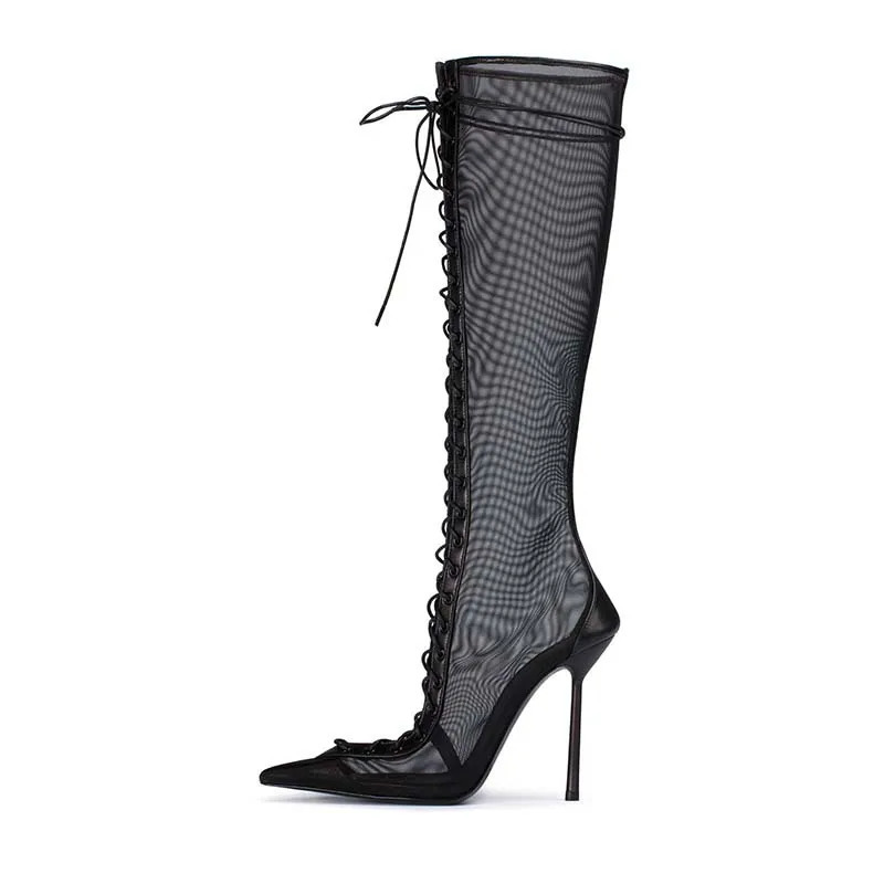 Mesh Pointed Toe Hollow Cross-Strap Stiletto Boots Woman Winter 2025 Black rear Zipper Knee-High Summer Boots Fashion Shoes 250428