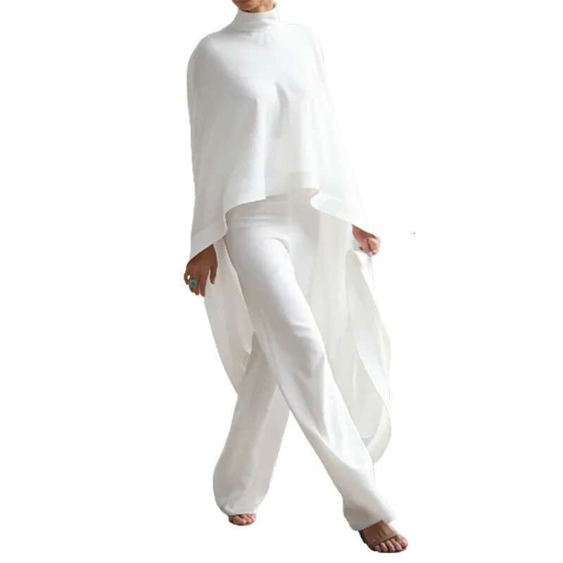 Modigirl Women's White Two Pieces Set 2024 Autumn High-Neck High-Low Loose Tops & Wide Leg Pants Suits Streewear Black