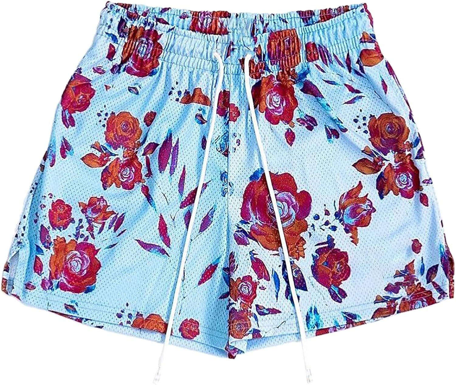 Men's Breathable Athletic Shorts Elastic Waist Quick Dry Gym Workout Shorts Flower Print Fitness Beach Shorts
