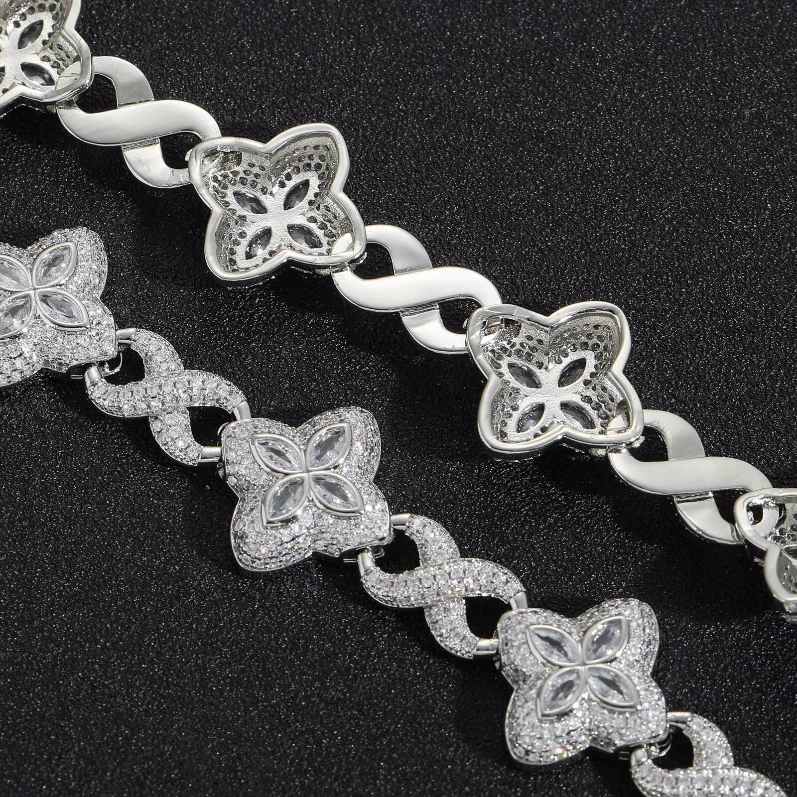 BES Hip Hop Gold Plated Necklace Iced Out Four Leaf Clover Bracelet 5A CZ Diamond Tennis Chain for Women/Girls