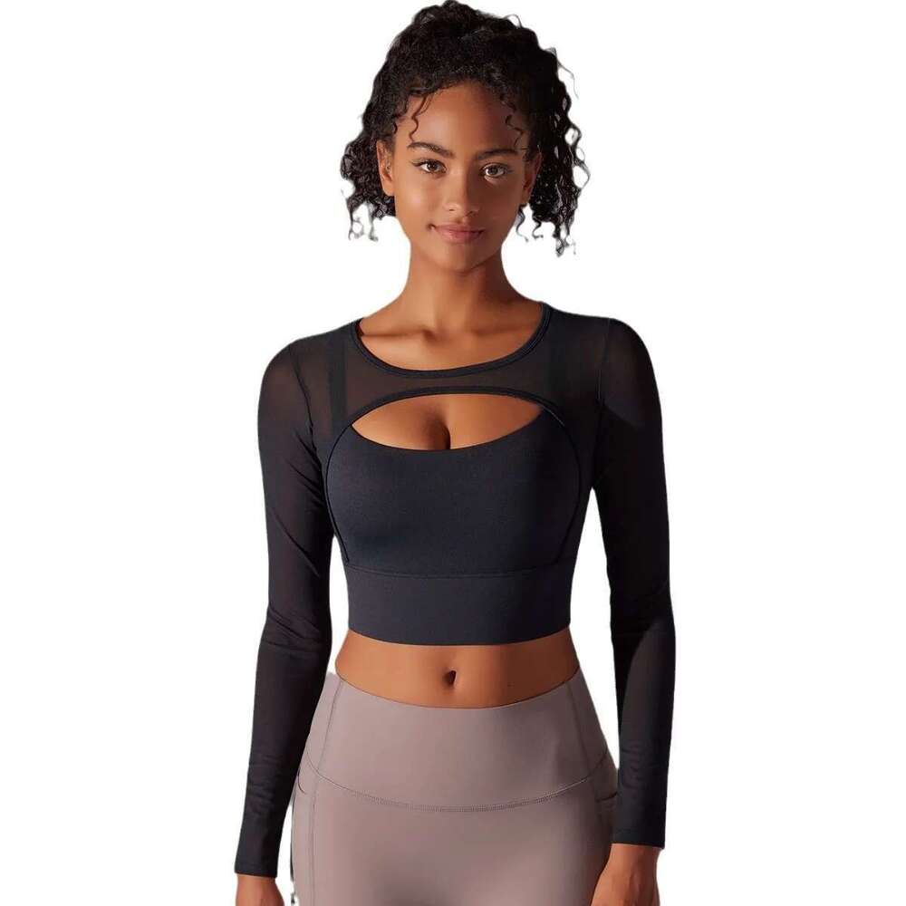 Women Padded Long Sleeve Crop Tops Running Shirts Workout Gym Top Sports Sexy Mesh Yoga Shirt