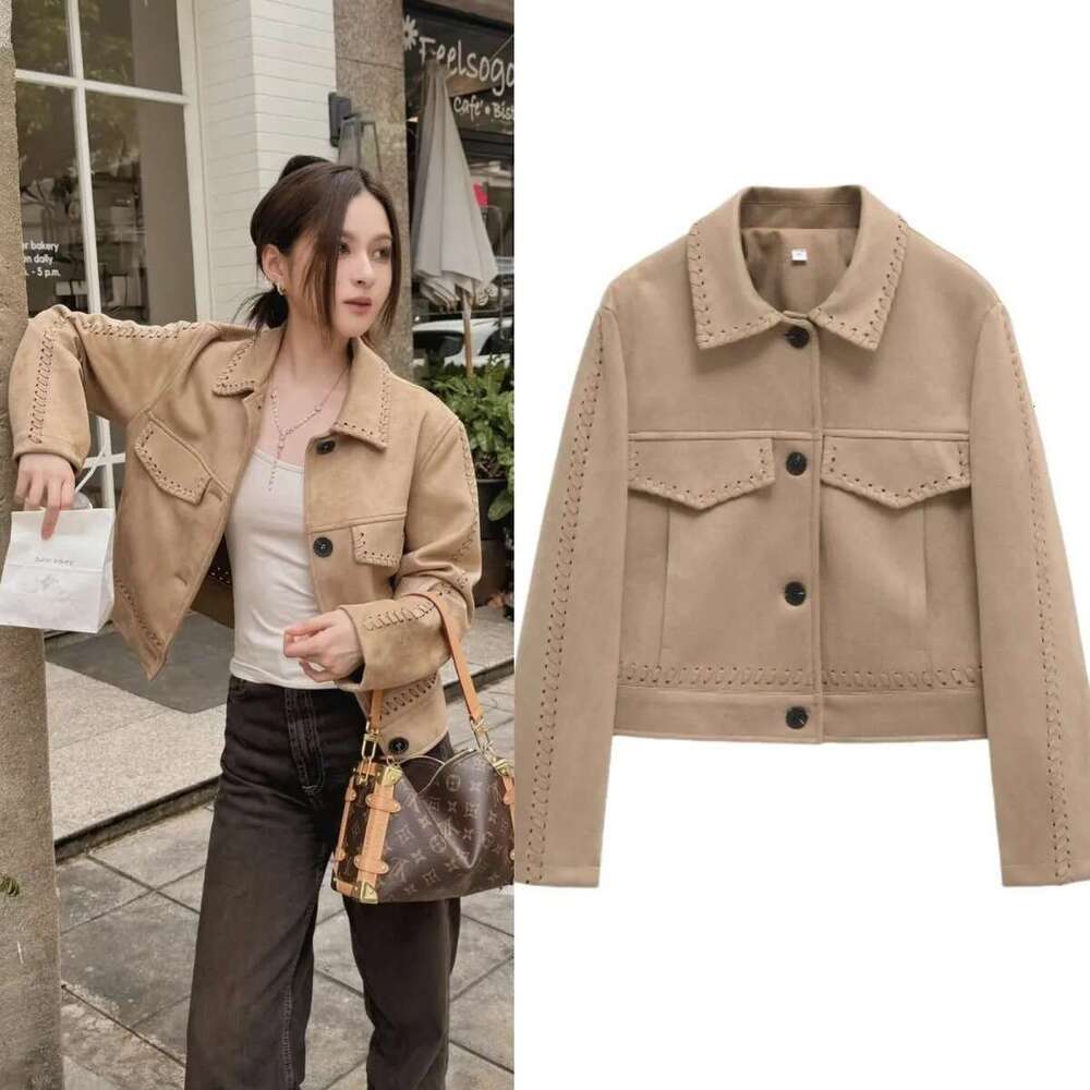 ETJ 2025 TRAF Spring New Women's Fashion Handwoven with detail suede texture Effect lapel short jacket