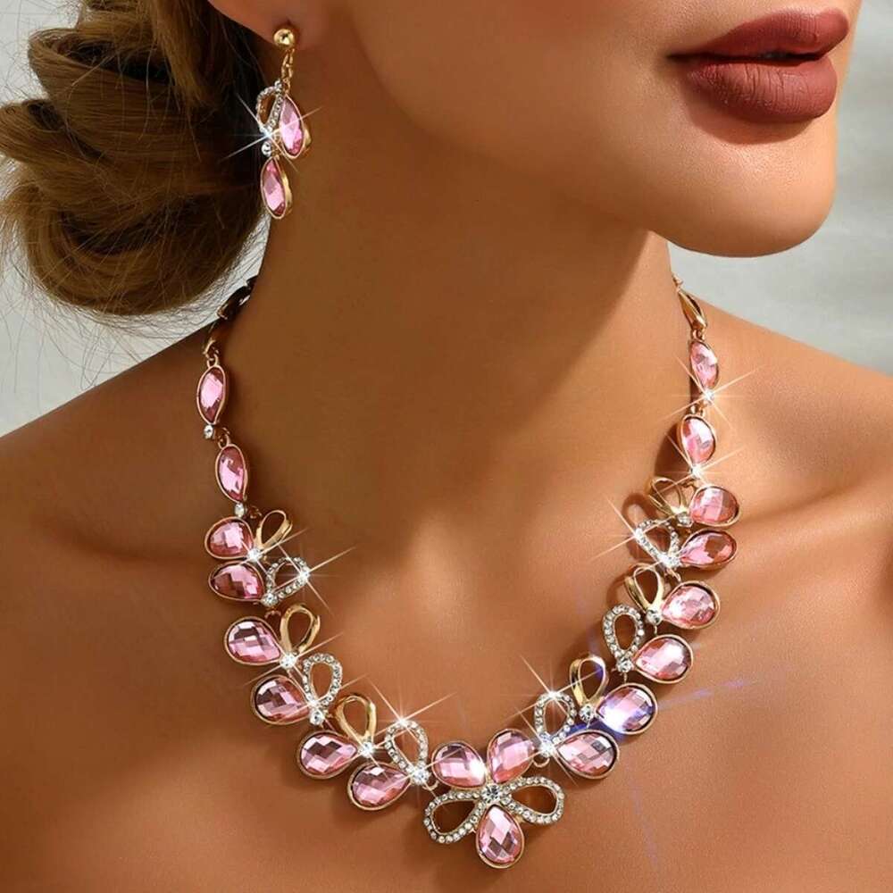 3Pc Women's Fashion Waterdrop Flower Necklace Earrings Jewelry Set Suitable For Wedding, Party, Festival Gifts-8039