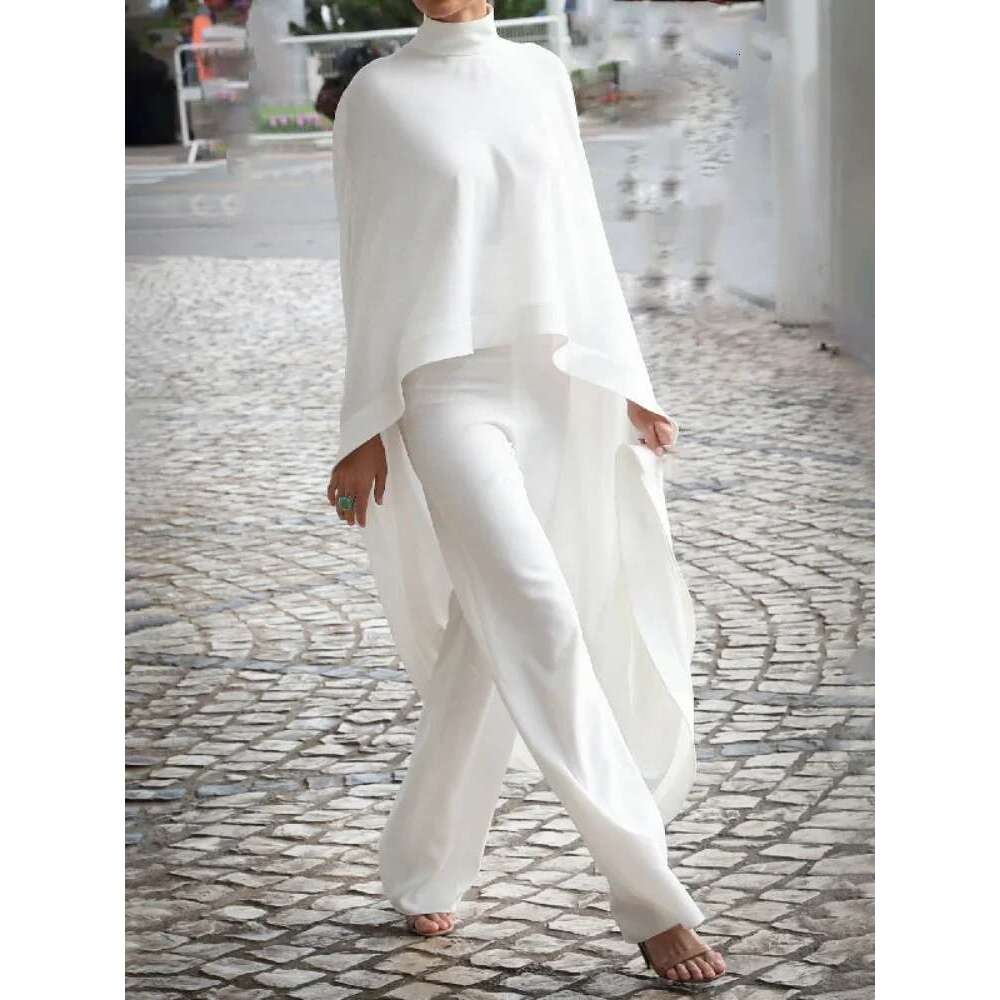 Modigirl Women's White Two Pieces Set 2024 Autumn High-Neck High-Low Loose Tops & Wide Leg Pants Suits Streewear Black