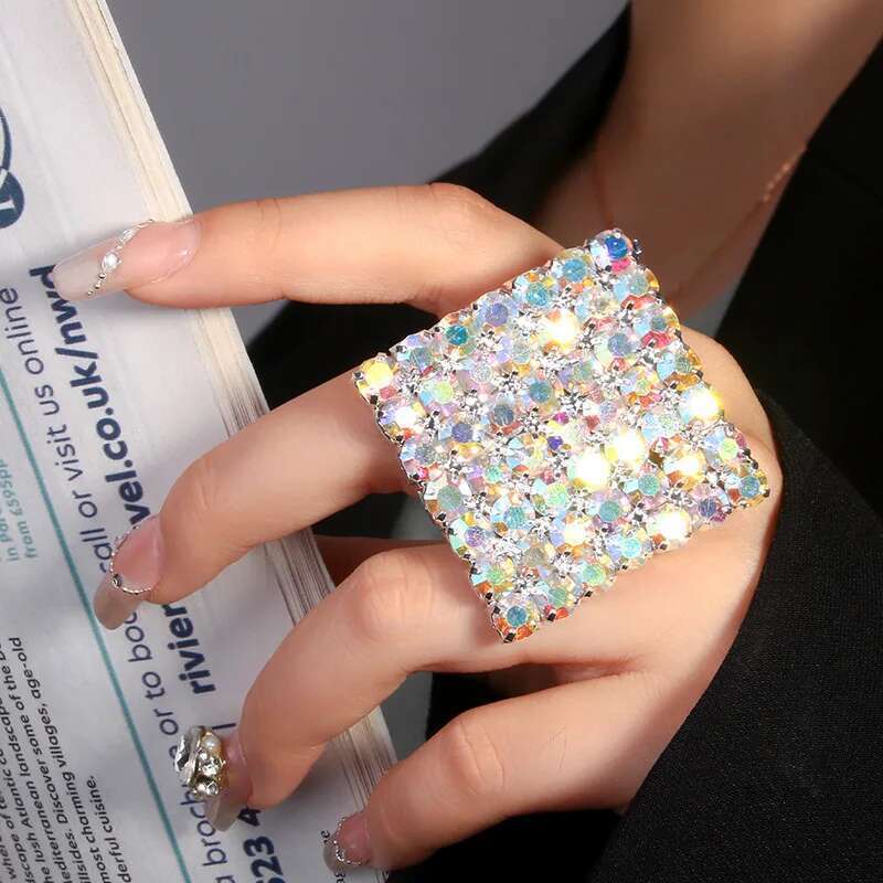 Stonefans Crystal Exaggerated Square Finger Jewelry Adjustable Large Geometric Rhinestone Open Rings Hand Decoration Dance