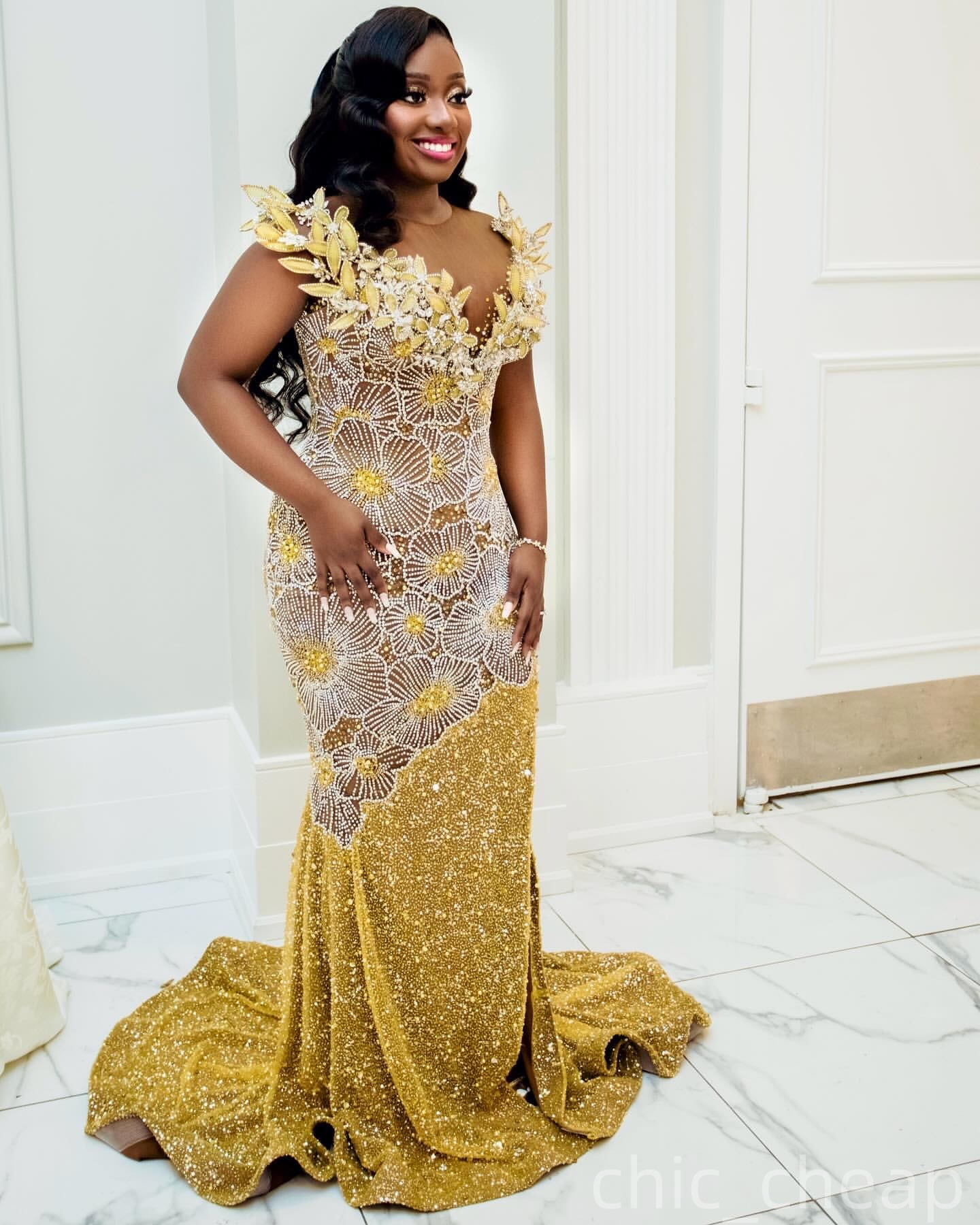Mermaid Yellow Plus Size Prom Dresses 2025 Florals Crystals Illusion Sequined Evening Formal Party Second Birthday Engagement Gowns Dress For Special 