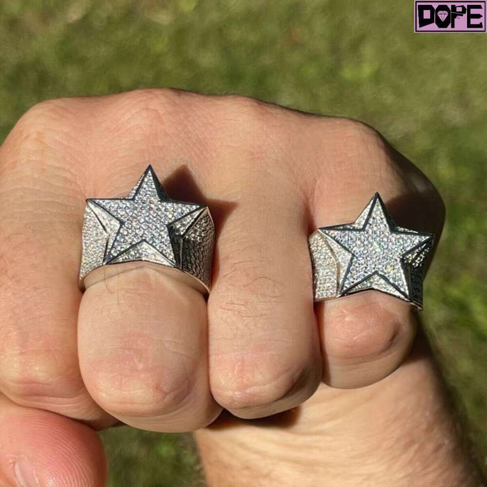 Rapper Moissanite Star Ring Men Iced Out White Gold Plated 925 Sterling Silver D VVS Moissanite Ring