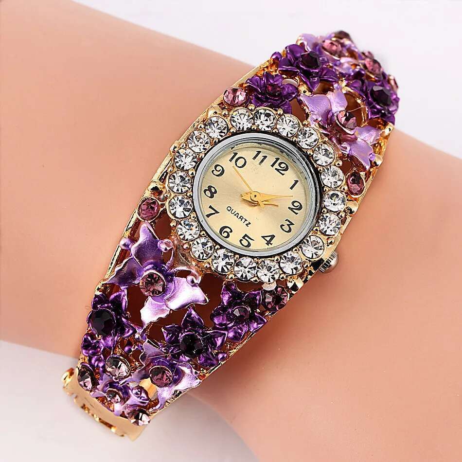 Hot Sales Dias Women's Flower Butterfly Dress Watch Round Dial Rhinestone Quartz Bracelet Wristwatch Gifts For Women