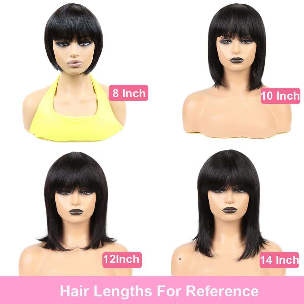 Human 150% Density Short Straight Bob Wig With Bangs None Lace Front Brazilian Hair Wigs (Black, 10inch)