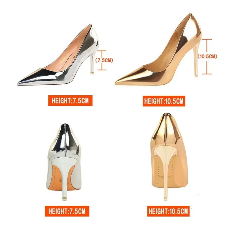 BIGTREE Summer Womens Pumps Sexy Champagne Grain Patent Leather Pointed High Heels Stiletto Femme Party Mules Shoes 251125