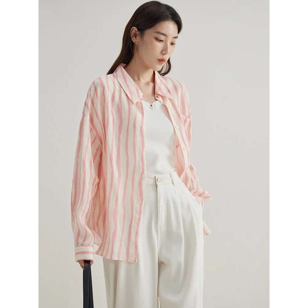 DUSHU Summer Thin Long Stripe Green Blouse Drop Sleeve Straight Pink Srtipe Lyocell 54.5% Ramie 45.5% Shirts 24Ds82685
