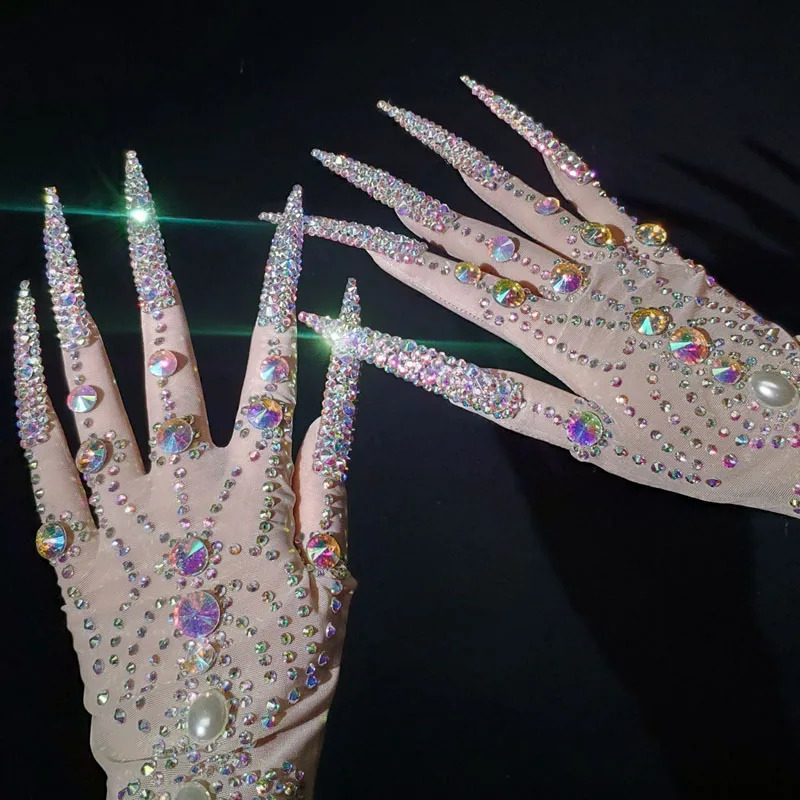 AB Rhinestones Pearls Plus Length Nails Gloves Women Fashion Drag Queen Outfit Nightclub Stage Performance Accessories 250420