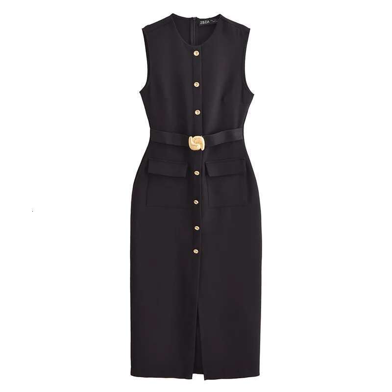 Elegant Single Breasted Black With Belt Summer O-Neck Sleeveless Split Women 2025 New Female Party Dress Office Lady