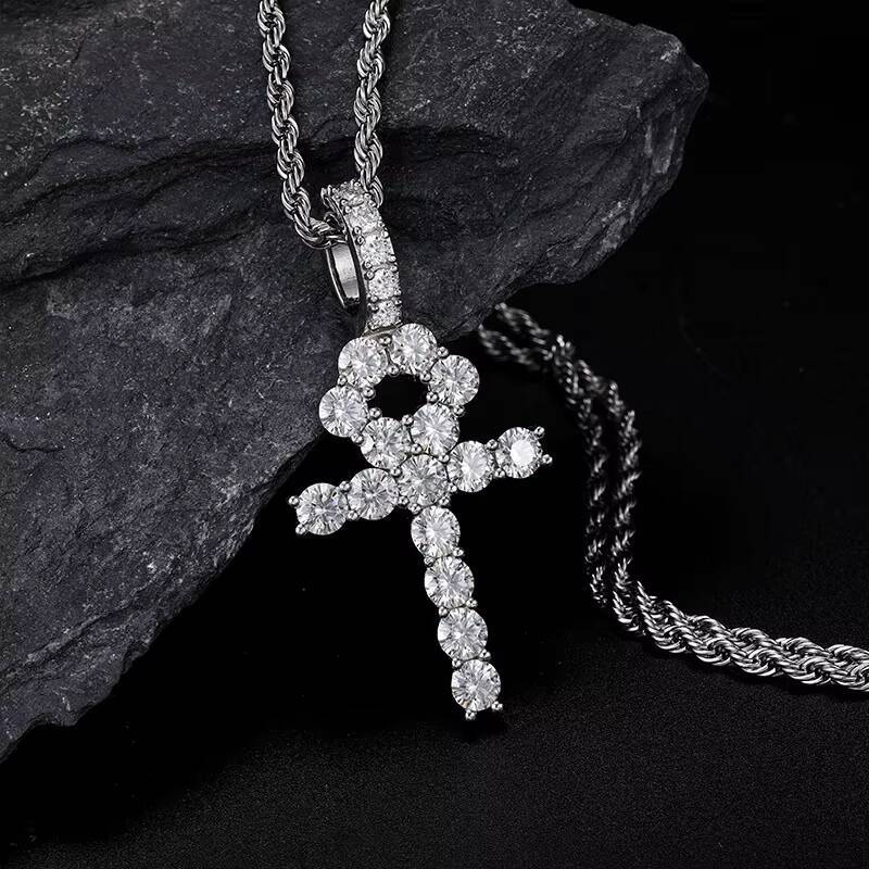 European American Trend S925 Sterling Silver 5mm Moissanite Cross Pendant Mens Gold Rhodium-Plated Hip Hop Style Necklace