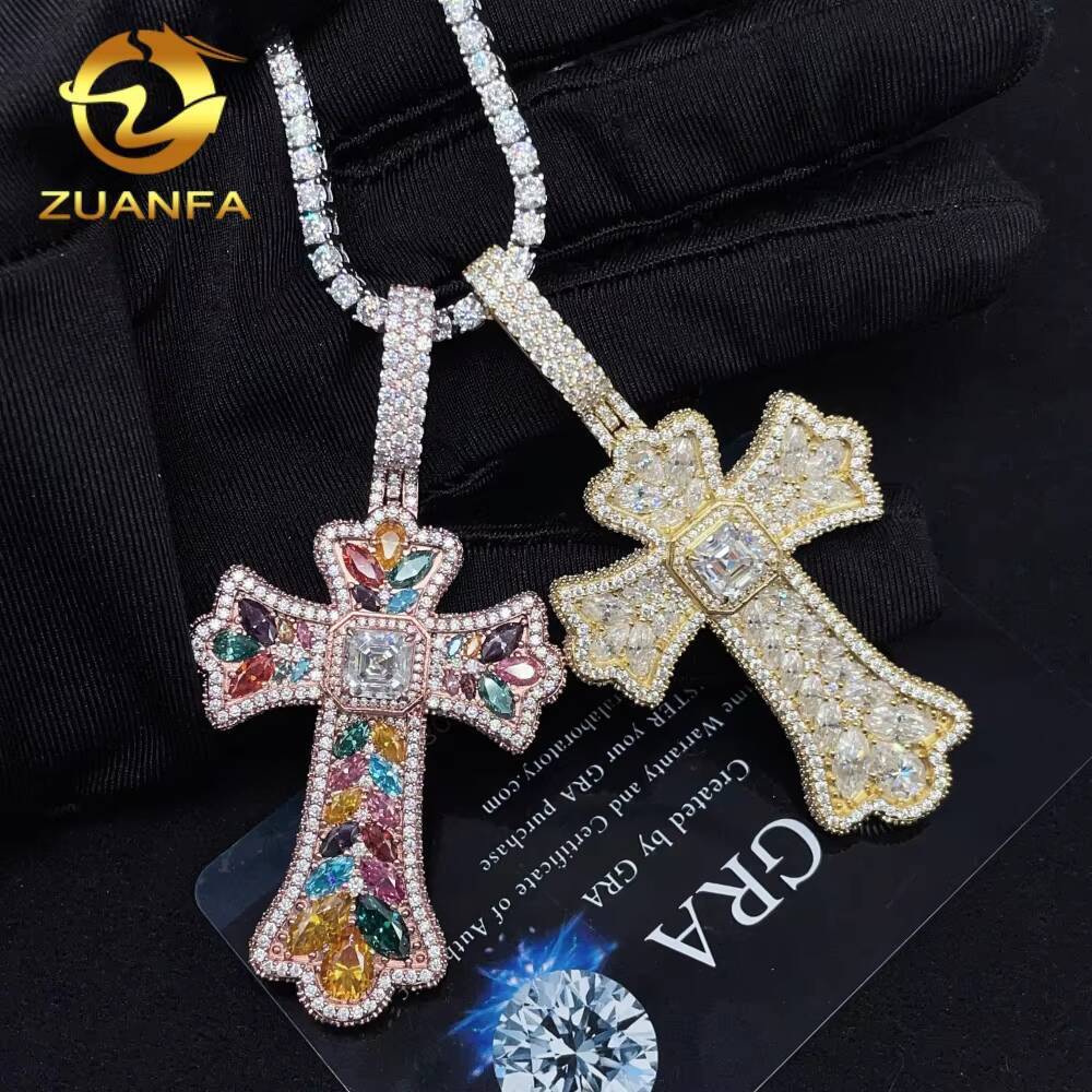 New Style RTS GRA Cert Pass Diamond Tester Solid 925 Silver Gold Plated Iced Out Colorful Fancy Moissanite Cross Hip Hop Pendant