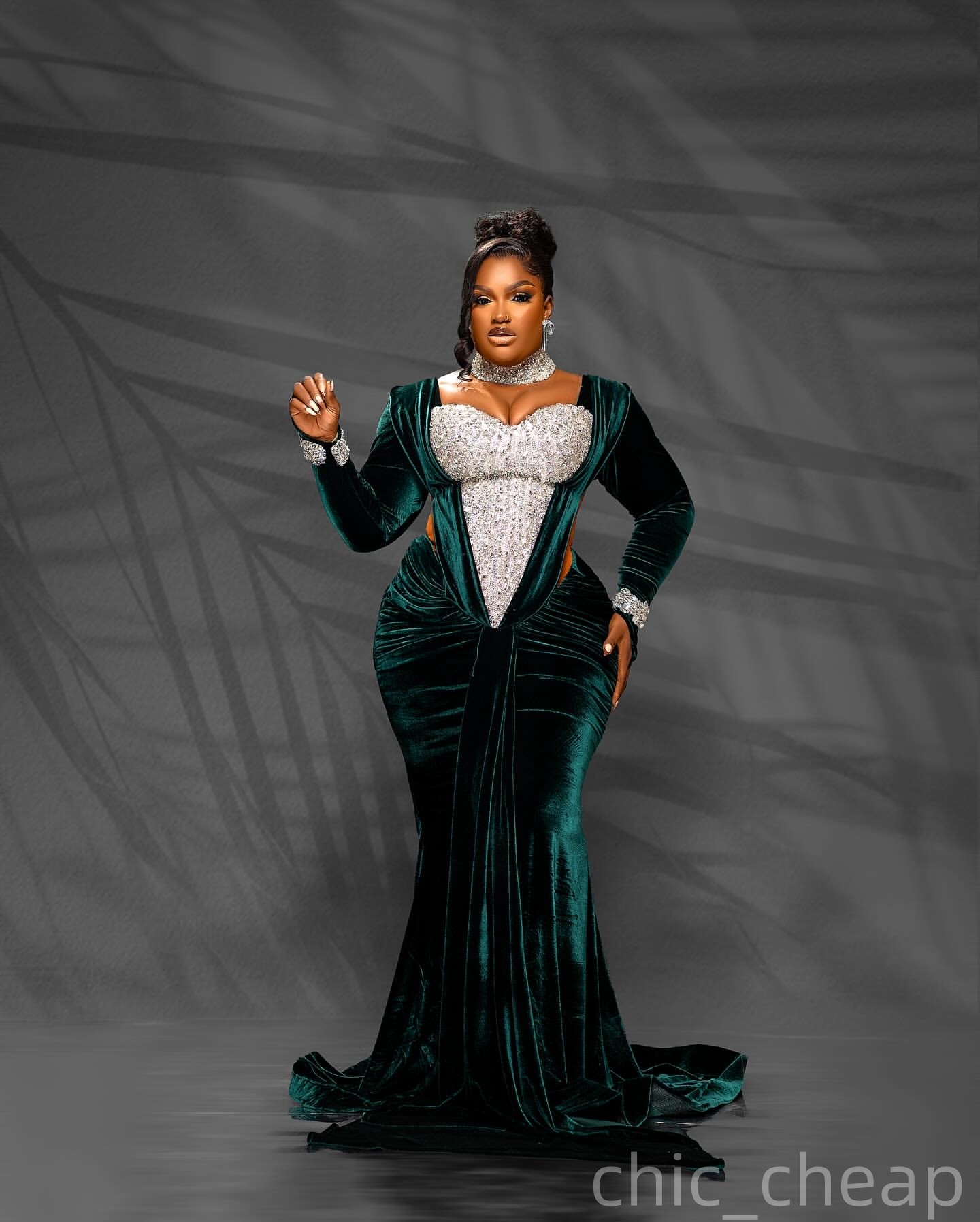 Mermaid Dark Green Plus Size Prom Dresses 2025 Velvet Crystals Full Sleeves Evening Formal Party Second Birthday Engagement Gowns Dress For Special Oc