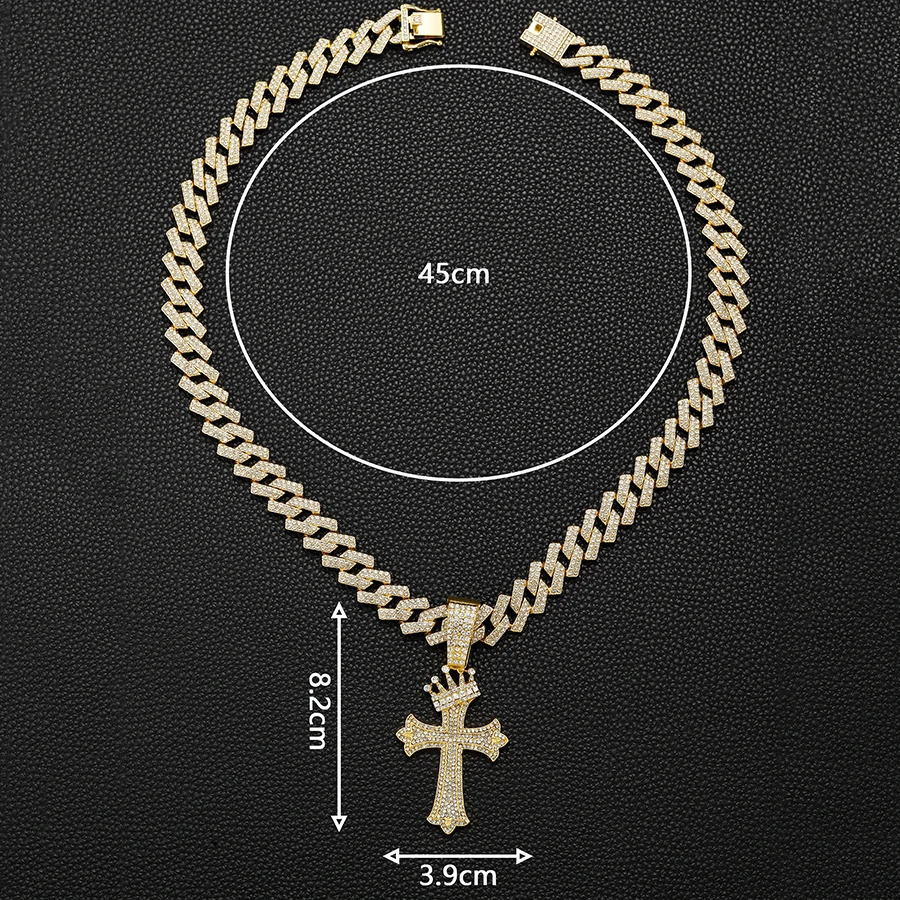 Iced Out Big Cuban Chain With Hip Hop Alloy And Full Bling Rhinestone Crown Cross Pendant Choker Necklace 250428