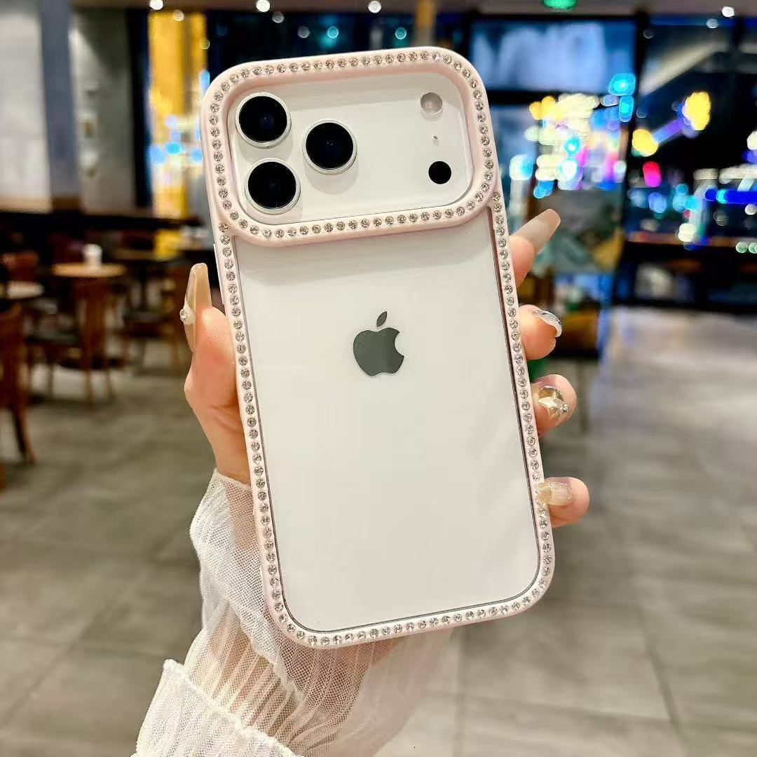Transparent Groove Phone Case iPhone 17 Pro Max Compatible with Apple 15/16 Pro Rhinestone Edge Protective Case