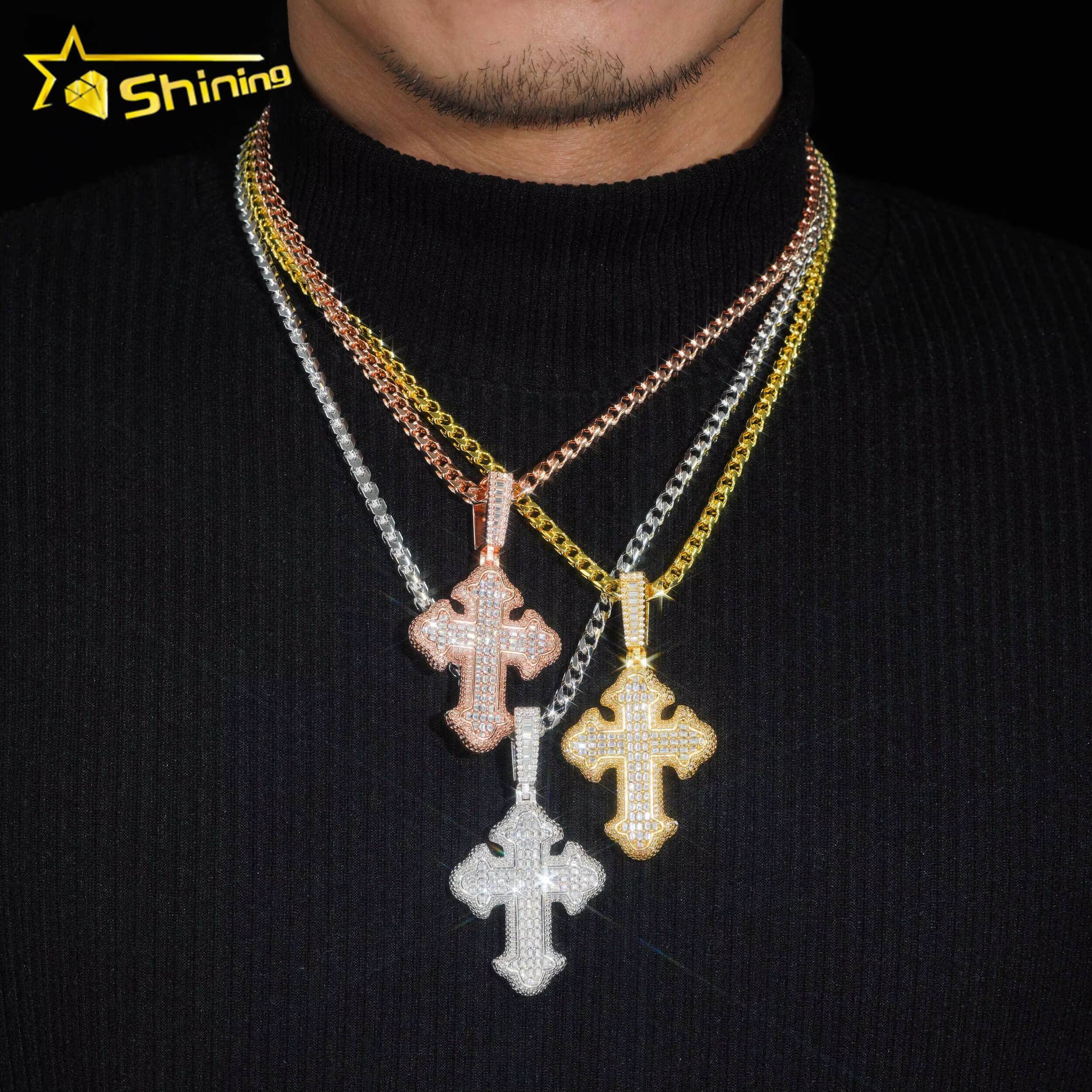 New Design Hip Hop Style Baguette Diamond Luxury 925 Silver Moissanite Cross Pendant