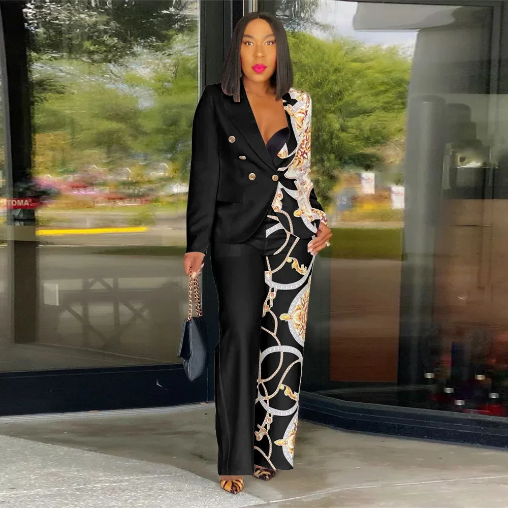 Printed womens set fashionable button up front jacket and wide leg pants autumn winter twopiece business 250530