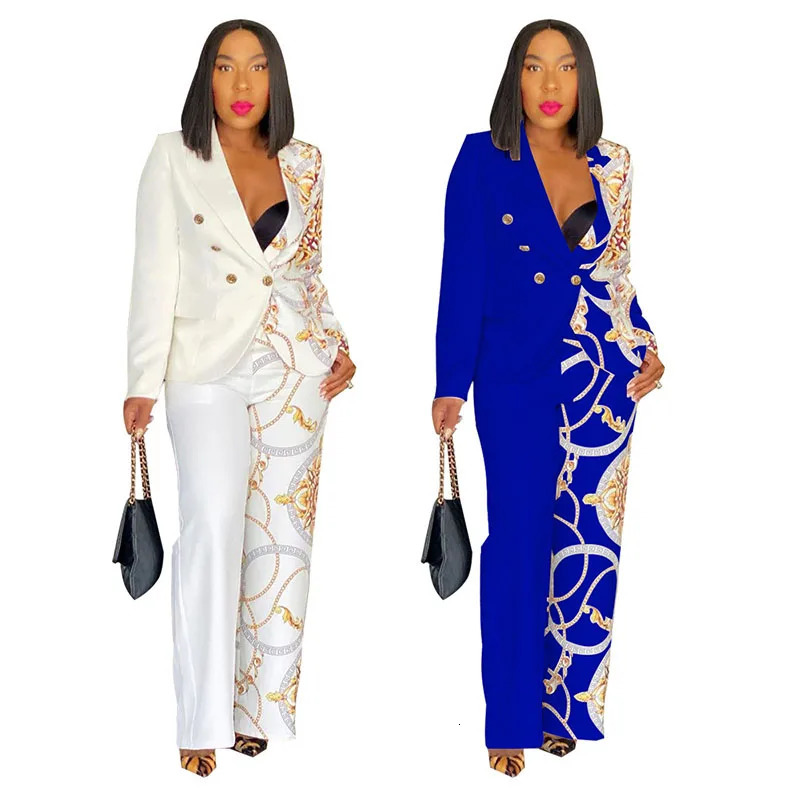 Printed womens set fashionable button up front jacket and wide leg pants autumn winter twopiece business 250530