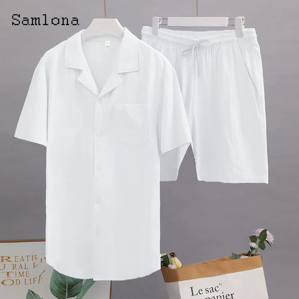Plus Size 3xl mens casual linen two-piece set Western style fashion shirt and white shorts set mens basic track set 250425