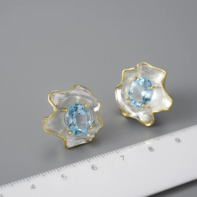 Fun Natural Topaz Gemstone Curled Leaf Stud Earrings for Women 925 Sterling Silver Vintage Baroque Style Jewelry250422