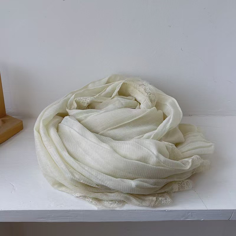 T595 lace edge pleated long cotton and linen scarf female spring and autumn pure cotton scarf autumn and winter literary shawl sunscreen