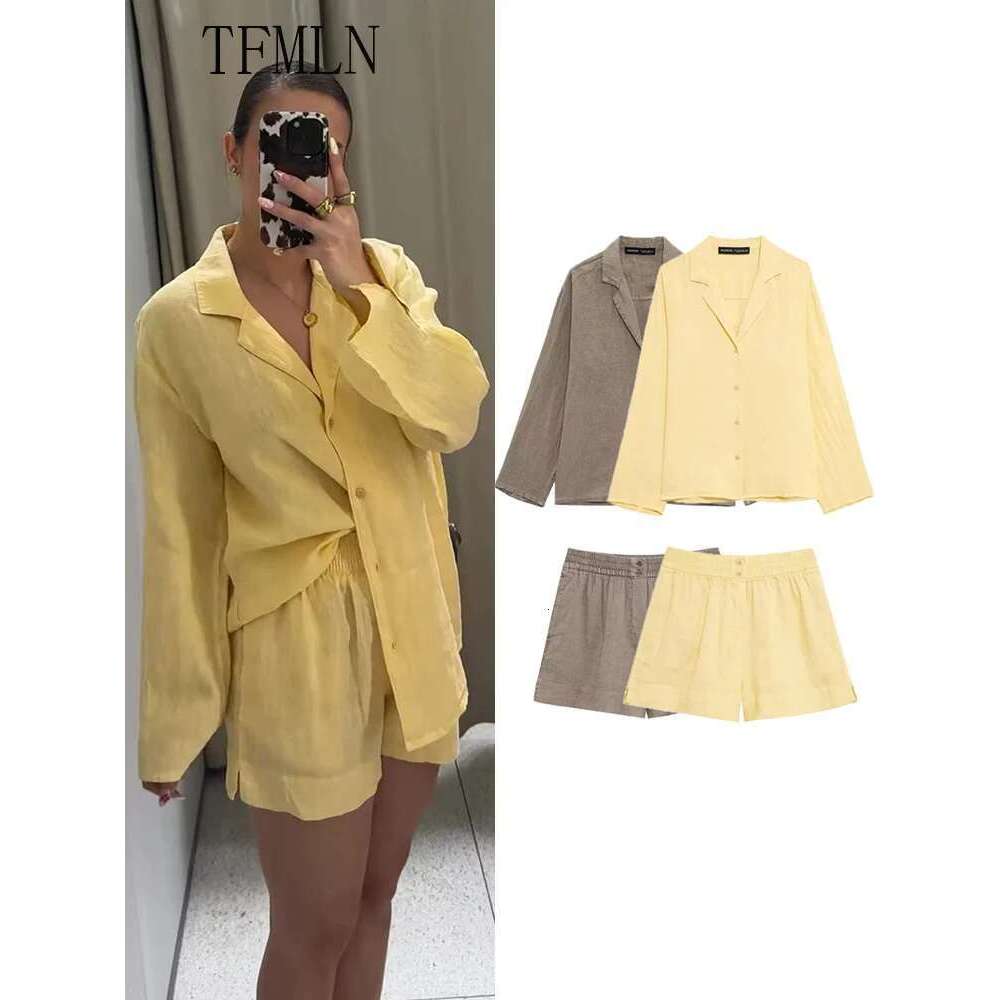 TFMLN 2025 Casual Women Solids Blouse Set Summer Loose Long Sleeve Single Breasted Top Elastic Waist Short Fashion Outfits