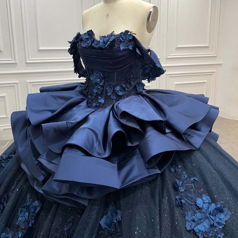 Navy Blue Princess Quinceanera Dresses Off Shoulder Flower Beading Tull Corset Sweet 16 Dress Ball Gown Vestidos 15 Anos