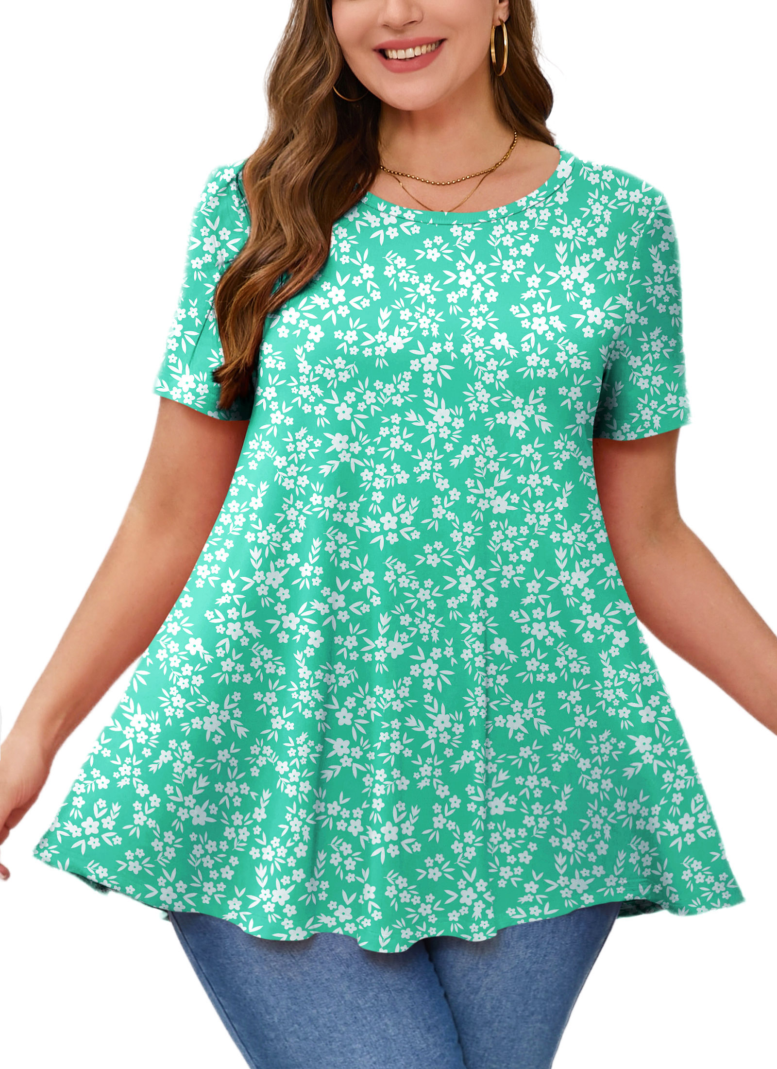 Tunic Tops for Women Plus Size Short Sleeve Crew Neck Swing Flare Loose T-Shirt Blouses to Wear with Leggings Aqua Small Floral Tunics