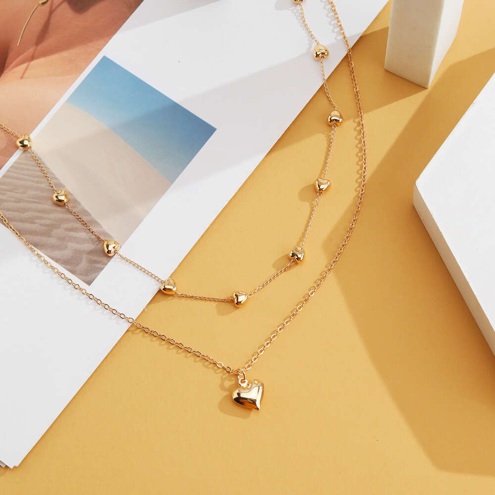 Jewelry double-layer mixed color chain, heart-shaped collarbone chain necklace, female sweet and cool hip-hop necklace