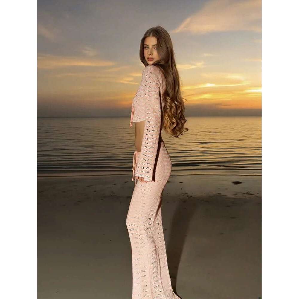 Sexy Knit V-Neck Long Sleeve Lace-Up Top Beach Half Skirt Two-Piece 2025 Summer Women's Casual Outfit Swimsuit Cover Up Set K192