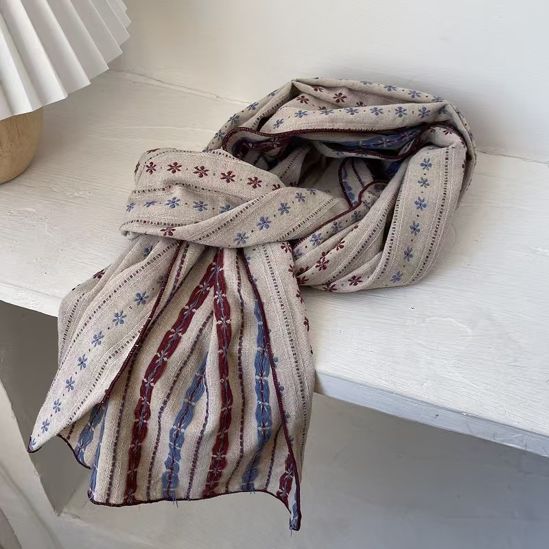 T600 Japanese college style retro literary brown coffee double-sided flower cotton scarf female students spring autumn winter neck protection scarf