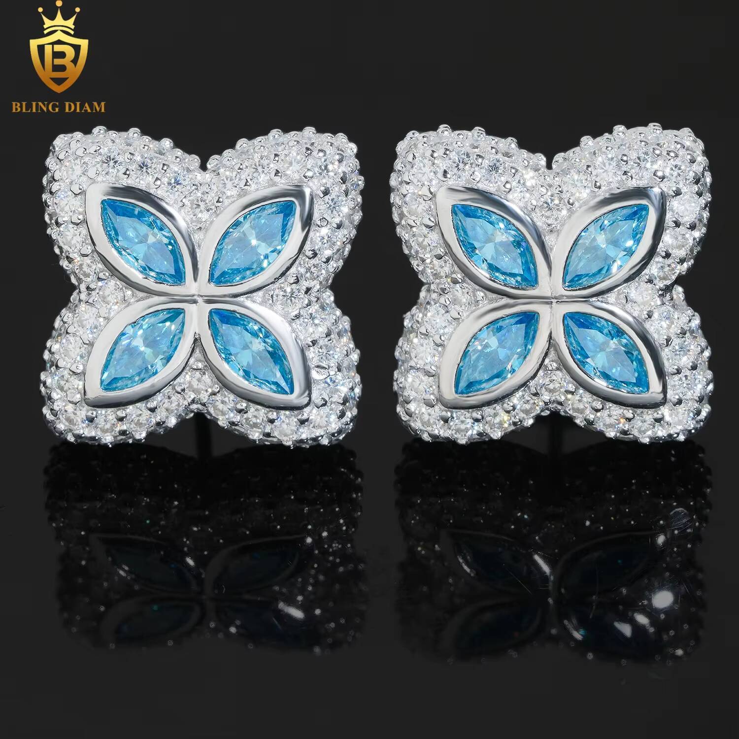 Fine Jewelry 925 Sterling Silver Vvs1 Moissanite Clover Stud Earrings Fashion Colorful Stone Marquise Cut