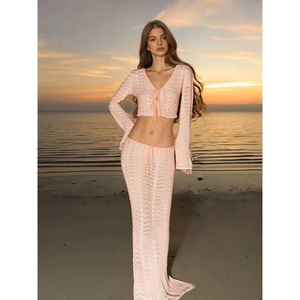 Sexy Knit V-Neck Long Sleeve Lace-Up Top Beach Half Skirt Two-Piece 2025 Summer Women's Casual Outfit Swimsuit Cover Up Set K192