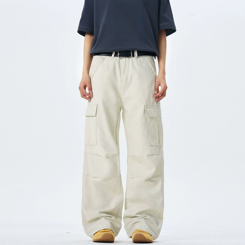 fashion pants vintage washed high street make old overalls mens wideleg loose straight casual trousers multiple pockets bottoms beige xxxl mens clothi