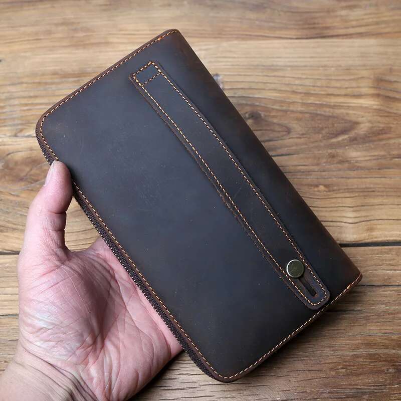 NZPJ Vintage Men Long Crazy Horse Leather Mobile Natural Cowhide Clutch Multi Functional Wallet Card Bag