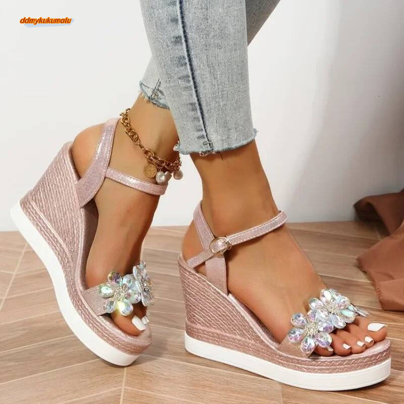 Women Summer Wedge Heel Platform Strap Open Toe Chunky Bottom Casual Shoes 2024 Gold Sier Pink Sandals ddmykukumalu