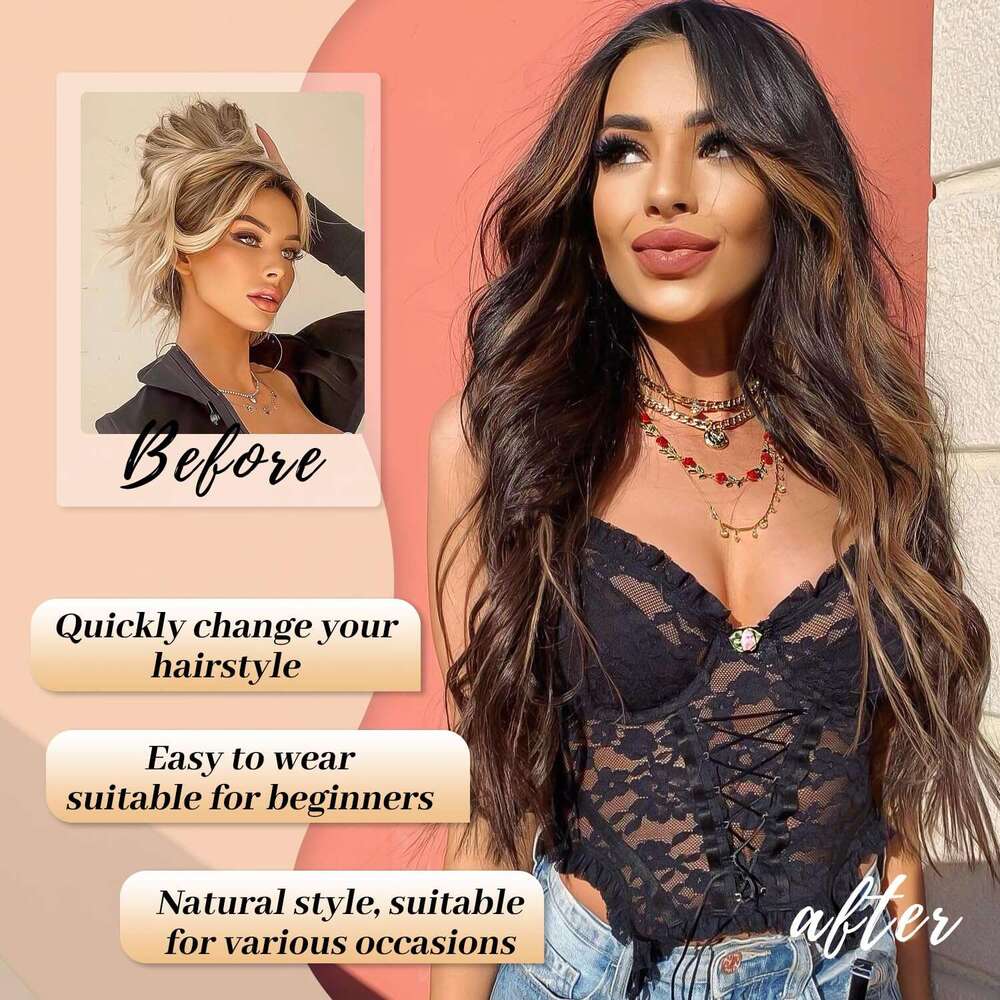 AISI HAIR Dark Brown with Highlights Women, Long Wavy Lace Hairline Middle Part Synthetic Heat Resistant Wig for Daily Party-26 Inch