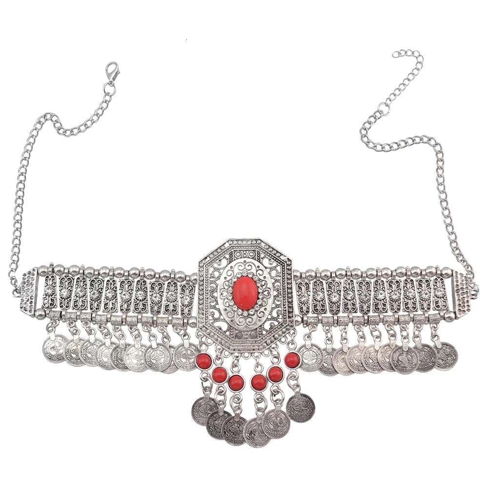Red Acrylic Stone Coin Collar Choker Necklace Dangle Earrings Set For Women Bohemian Gypsy Afghan Turkish Antique Indian Jewelry