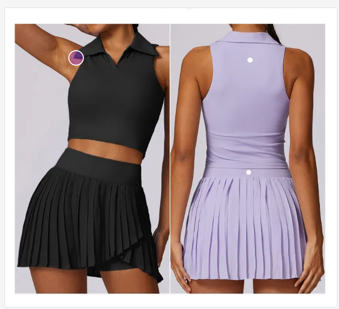 Womens Yoga Outfit Yoga Sets Skirts Vest Tennis Sport Running Skirt Elastic High Waist Sportwear Lined Breathable Turn-Down Collar Yoga Sports Golf Tennis Skirt Set
