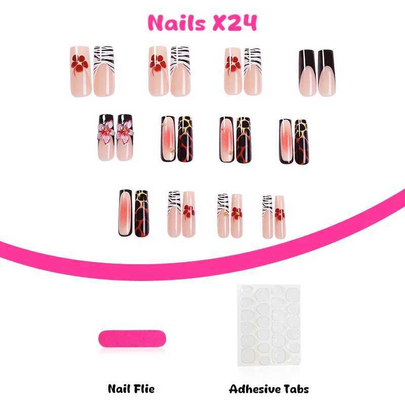 24 pieces of French 3D flower false nails Hand embossed leopard powder blusher gradual change false nails Y2k long ballet coffin full cover H25429