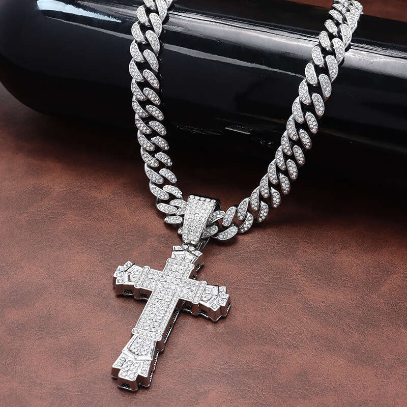 Hip hop men necklace stainless steel cross pendant necklace Cuban chain retro gold necklace bracelet jewelry set