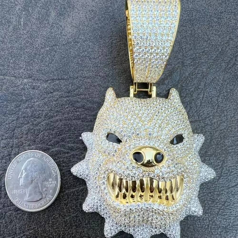 Iced Out VVS D Color Moissanite Diamond 18K Gold Plated 925 Sterling Silver Angry Pitbull Dog Pendant Necklace Men