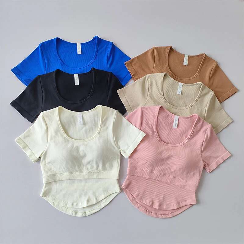 New Fixed Strap Chest Cushion Yoga Suit Short Sleeve Fit Sports Top Women's Quick Dry Running Slim Fiess Shirt Clothing