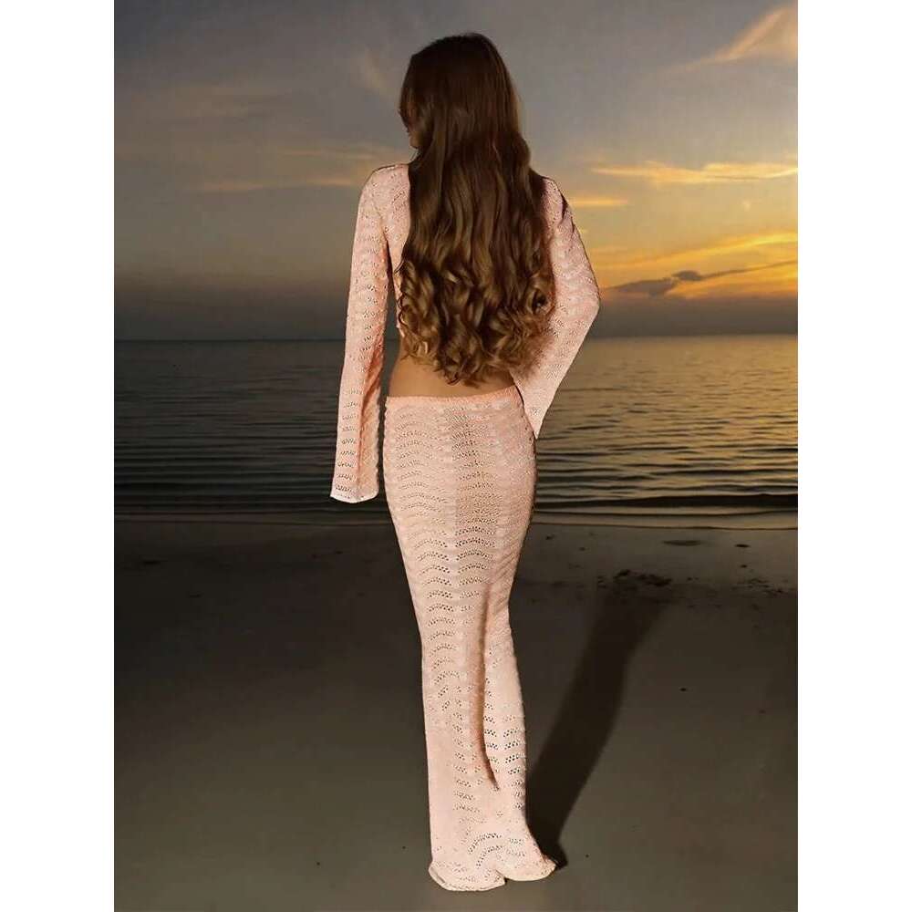 Sexy Knit V-Neck Long Sleeve Lace-Up Top Beach Half Skirt Two-Piece 2025 Summer Women's Casual Outfit Swimsuit Cover Up Set K192